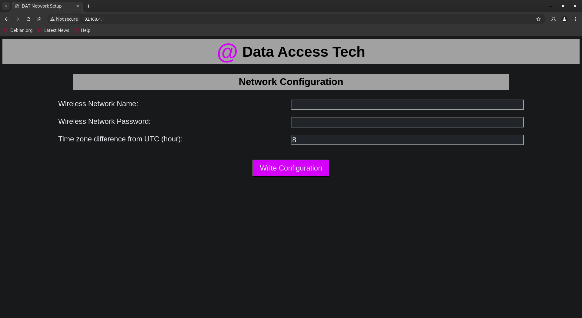 Screen shot showing the wirless network setup screen