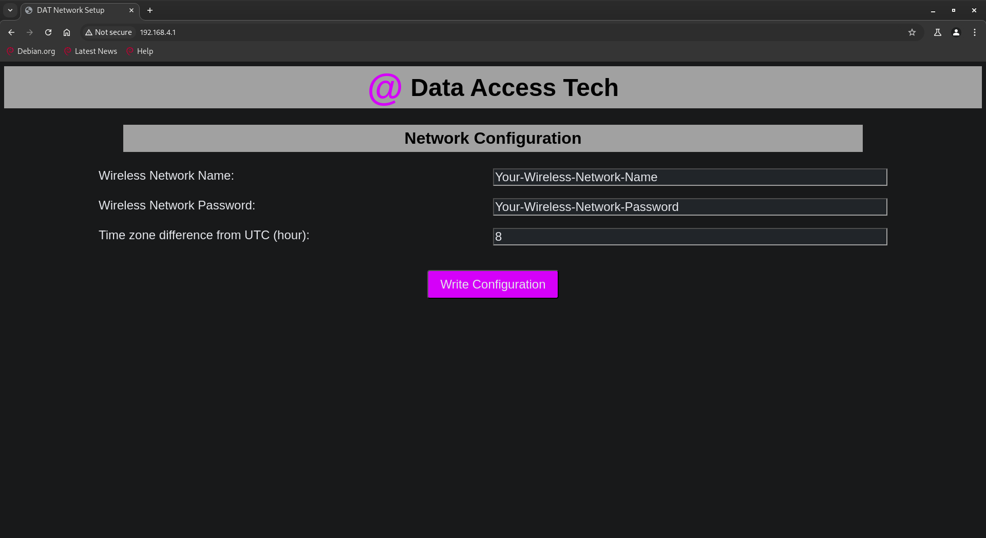 Screen shot showing some values entered into the wireless network setup